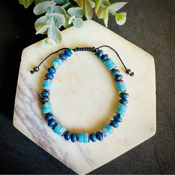 Lapis Lazuli and Turquoise Beaded Bracelet unisex adjustable cord bracelet - Picture 1 of 5